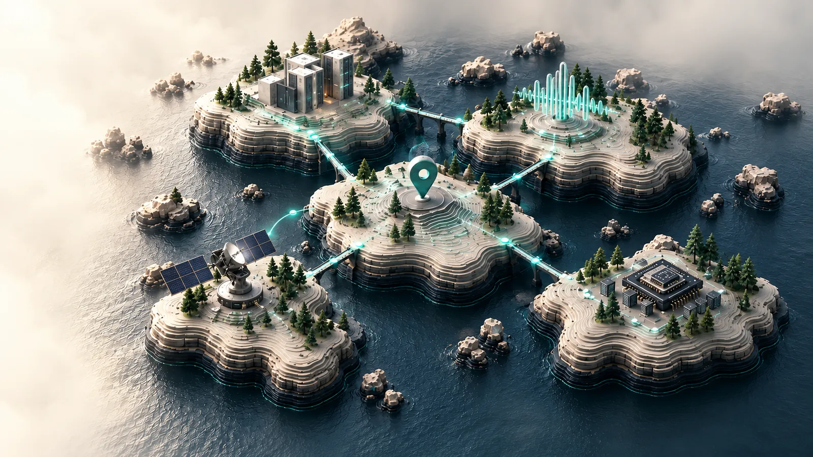 Five domain islands linked by bridges: fintech, AI, geospatial, SpaceTech and hardware