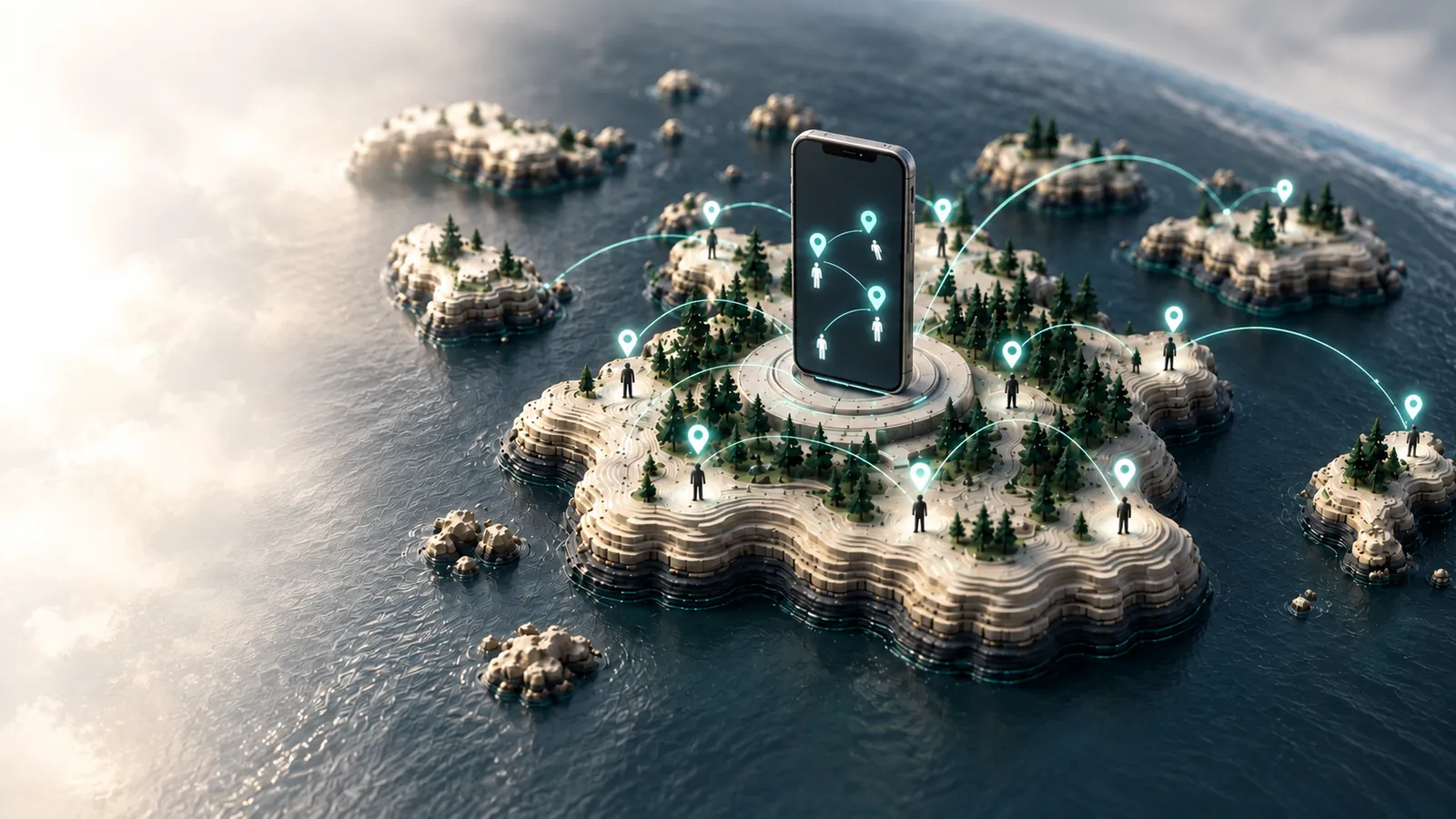 An island with a phone showing connected people and location pins, for the CLAY location-based social platform