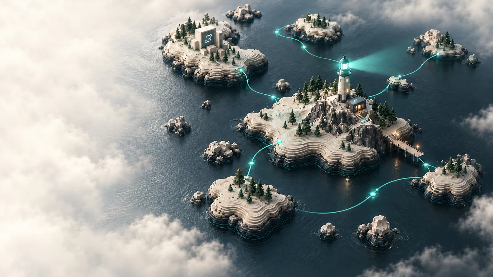 A lighthouse island with a beam of light and connected islands