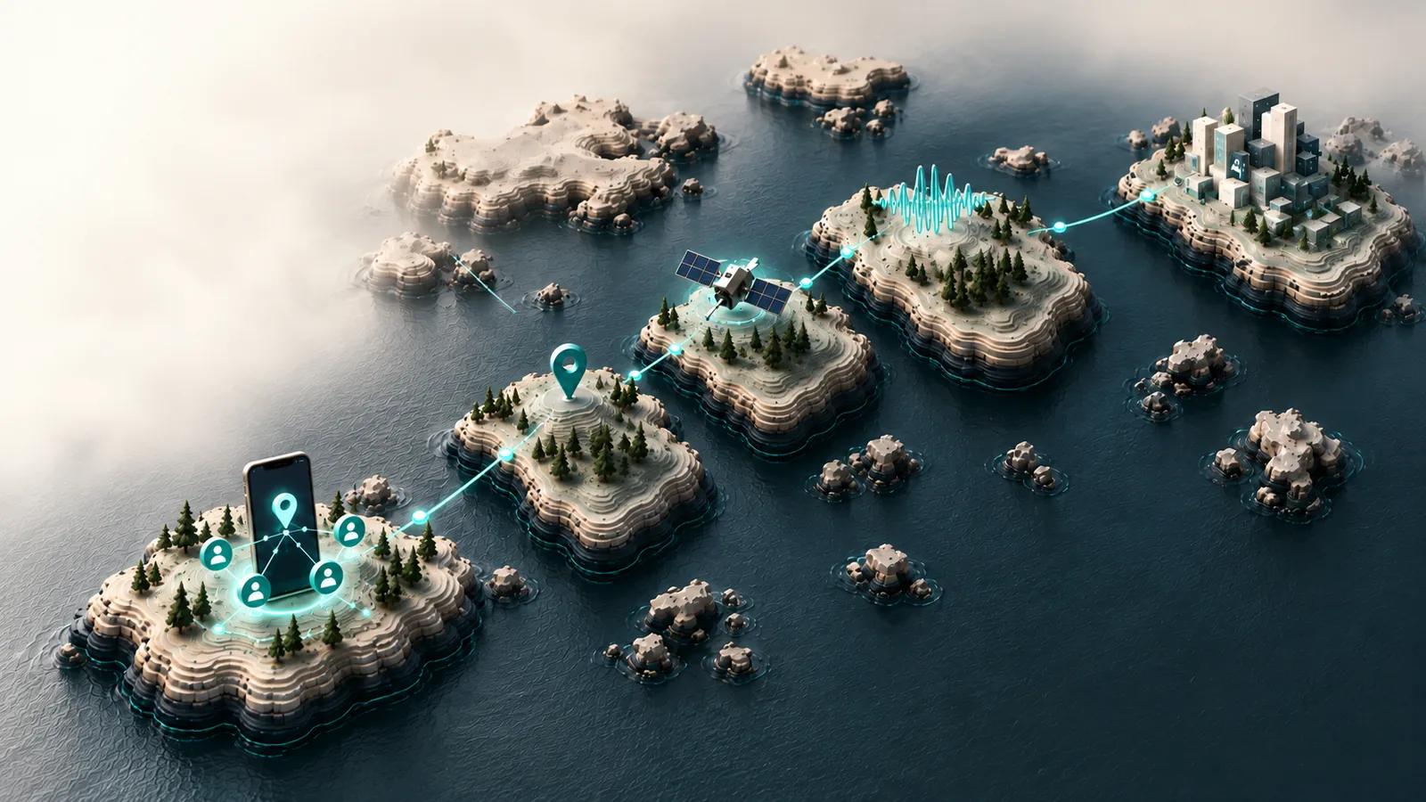 A chain of islands from the CLAY founder island through hardware, geospatial, SpaceTech, voice AI and fintech
