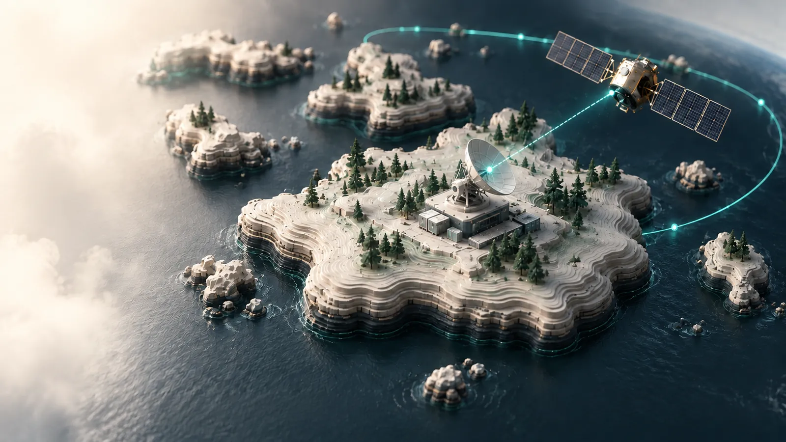A SpaceTech island with a ground station dish and a satellite on a glowing orbit